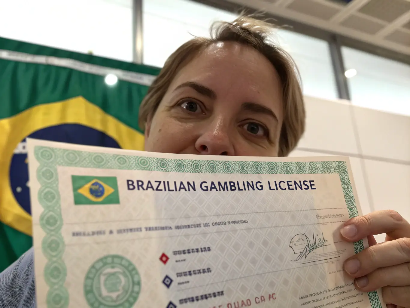 A person holding a Brazilian license for online gambling, with a background showing the Brazilian flag and various online 188bet bonus logos.