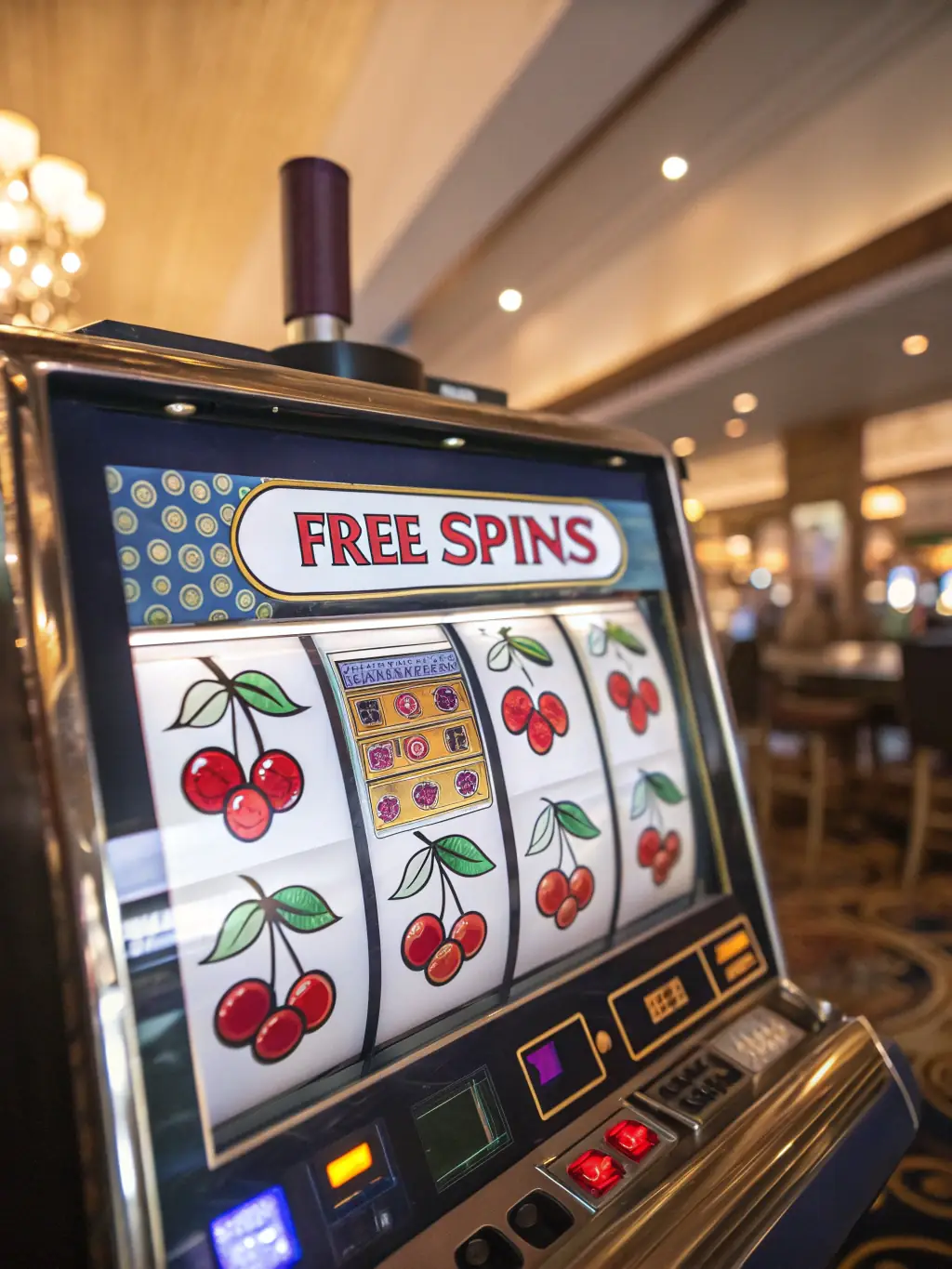 A close-up shot of a modern online slot machine interface with vibrant graphics and spinning reels, emphasizing the excitement and digital nature of online slots.