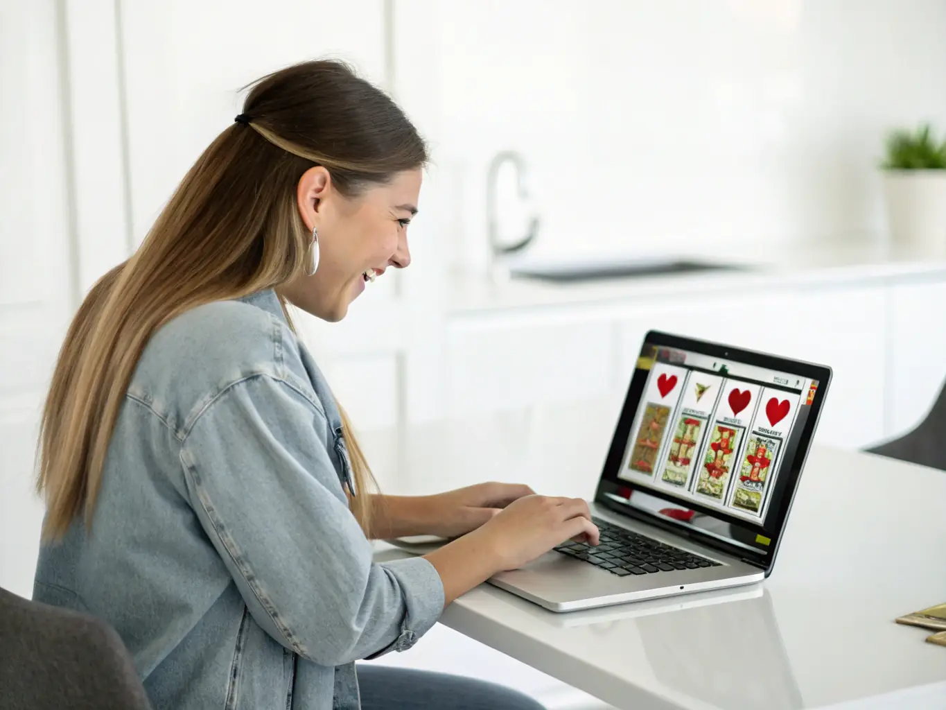 An image of a person studying 188bet bonus game rules on a laptop, with colorful chips and cards on the table, symbolizing the learning process.