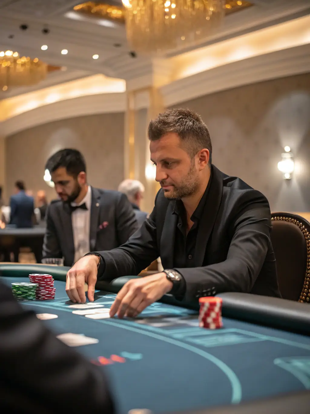 A professional poker player in a serious pose, holding a winning hand of cards, with 188bet bonus chips stacked in the background, conveying the skill and strategy involved in poker.